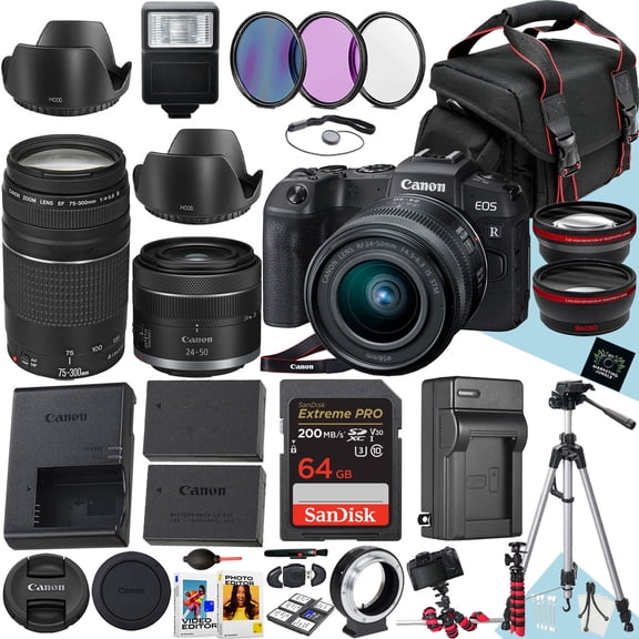 Canon EOS RP Mirrorless Camera With RF 24-50mm STM And EF 75-300mm f/4-5.6 III Lens   64 GB Memory   Extra Battery   Battery Charger   Filters   Tripod   More (34pc) (International Version)