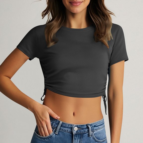 CQONEPT Womens Crop Tops Casual Round Neck Short Sleeve Drawstring Shirts Side Slim Fit Stretchy Tunic Tee Black L