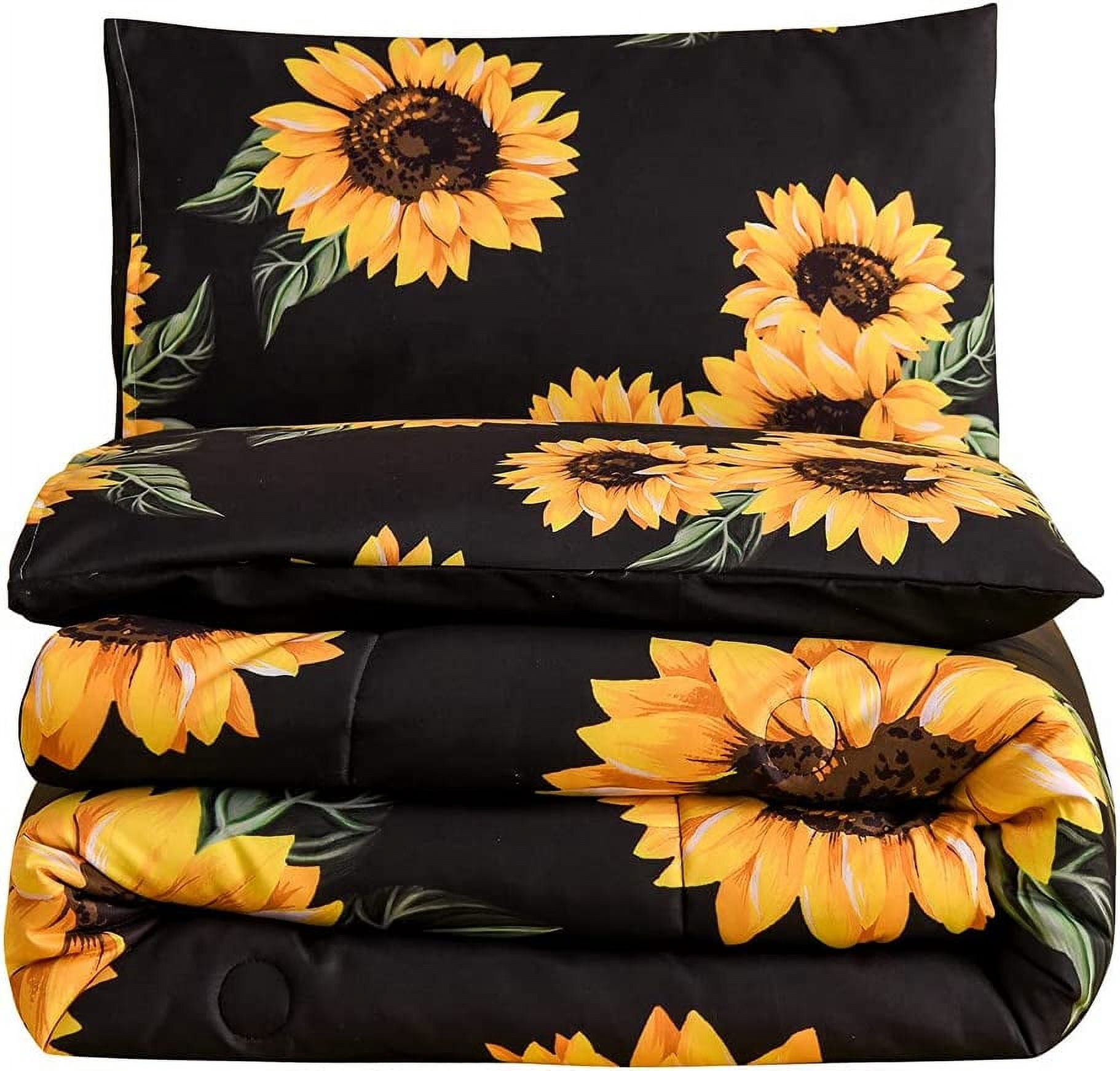 NTBED Black Sunflowers Comforter Set King Yellow Floral Botanical 3-Pieces Microfiber Bedding Quilt