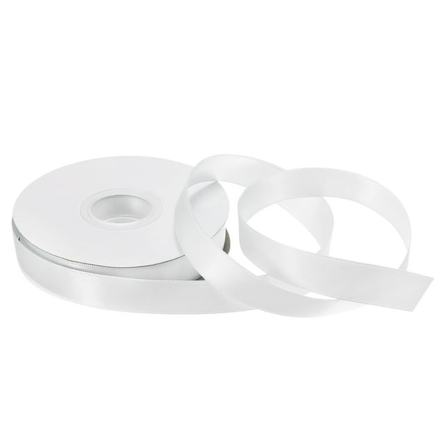 Unique Bargains 3/4 Inch 25 Yard Satin Ribbon Grosgrain Thin Solid Silk Wedding Bouquet Ribbon in pure white, displayed as a roll with a smooth, shiny texture. Perfect for gift wrapping, floral arrangements, DIY crafts, scrapbooking, and holiday decorations.