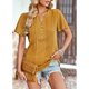 thumbnail image 4 of Camiseta informal de Color puro plisada con ribete de botones y cuello en V con mangas cortas para mujer, 4 of 8