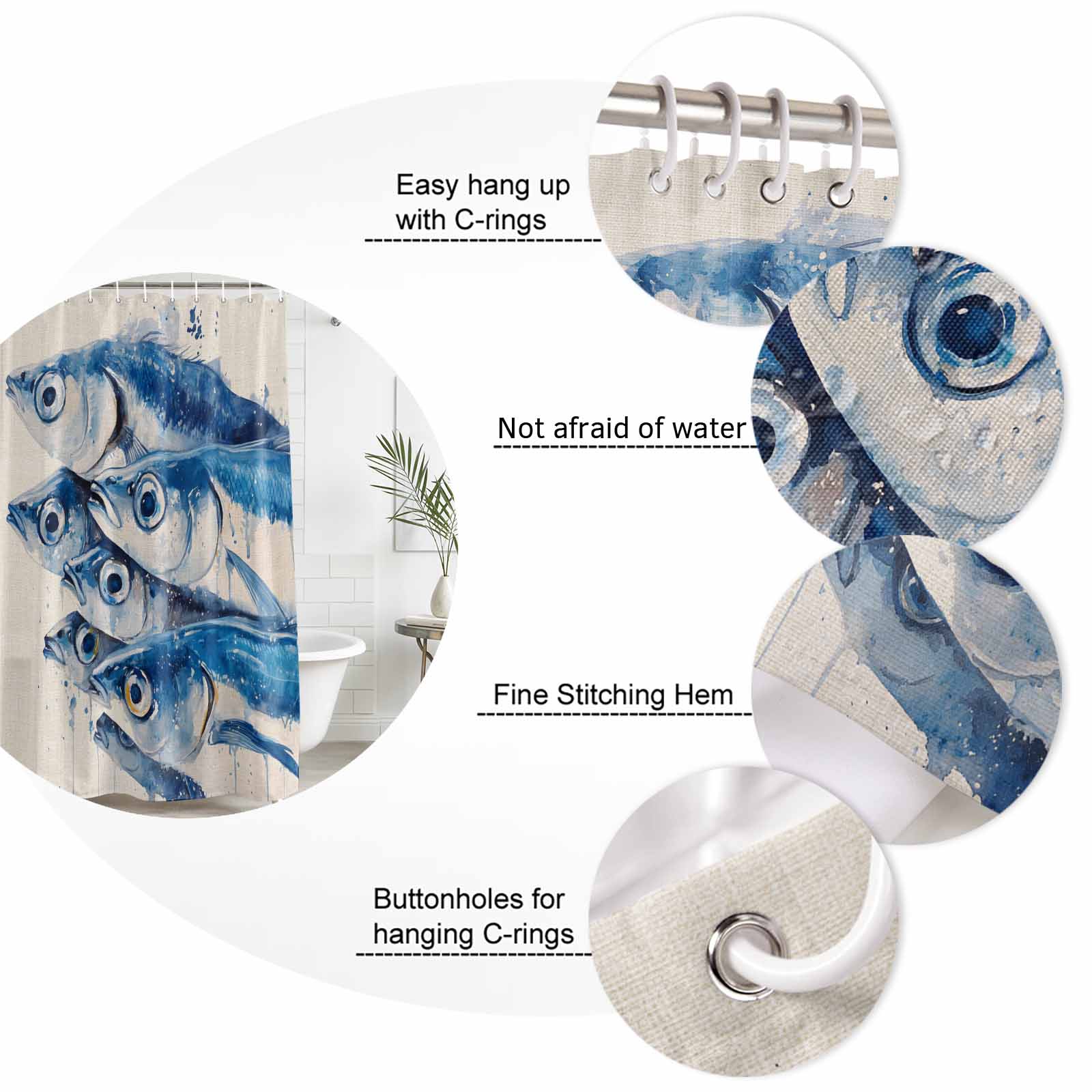 Shower Curtain Bathroom Set Watercolor Underwater Fish on Vintage Linen Waterproof Fabric Shower Curtains with Grommets&Hooks, Coastal Ocean Life Privacy Bath Curtain for Bathtub 72x72in