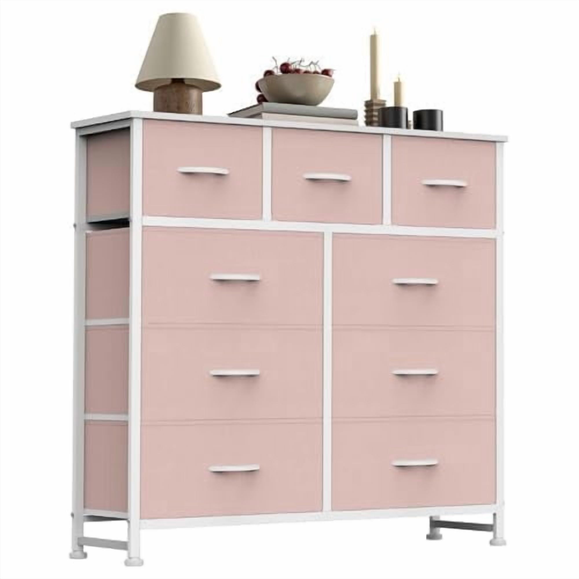 Dresser, Betcozy Storage Organizer with 9 Drawers for Bedroom, Chest of Drawer with Fabric Bins, Sturdy Metal Frame, Wood Top for Closet, Nursery,Pink