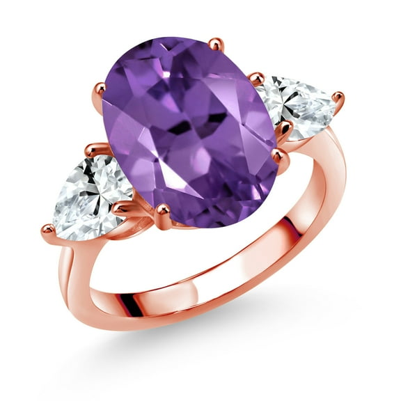 Gem Stone King 18K Rose Gold Plated Silver Purple Amethyst and White Created Sapphire Ring for Women (9.00 Cttw, 14X10MM Oval and 7X5MM Pear Shape, Gemstone February Birthstone, Size 6)