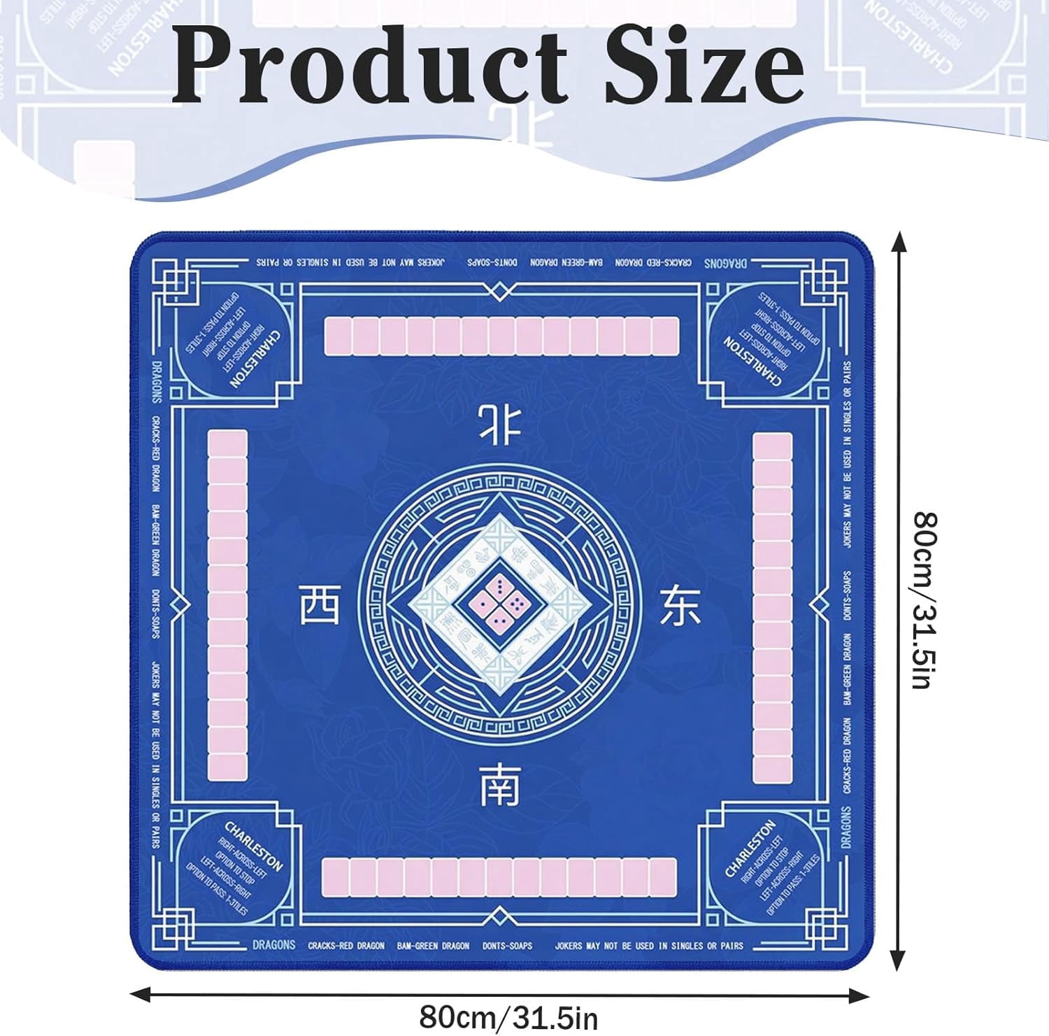 Mahjong Mat with Black Carrying Bag Blue Non-Slip Noise Reduction Gaming Mat 31.5" x 31.5" Rubber Multi Purpose Game Table Cover for Mahjong Card Dominoes Board Tile Games