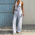 thumbnail image 6 of KIHOUT Women's Striped Halter Neck V-Neck Top and Drawstring Waist Wide Leg Pants Two Piece Set with Pockets for Casual Beachwear and Everyday Wear, 6 of 8