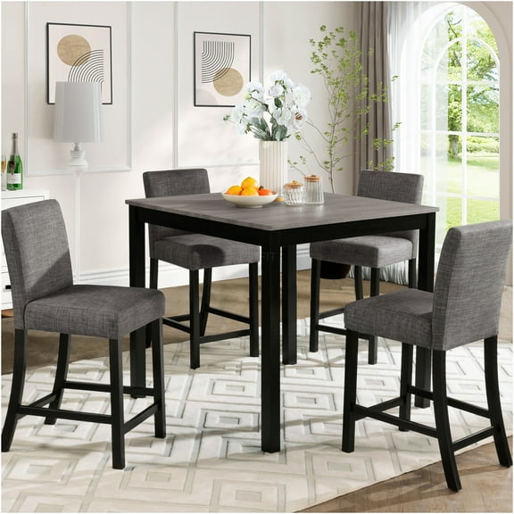 JERFIT 5-Piece Counter Height Dining Set, Light Gray and Black 2-Tone Table with 4 Fabric Upholstered Chairs for Kitchen and Dining Room