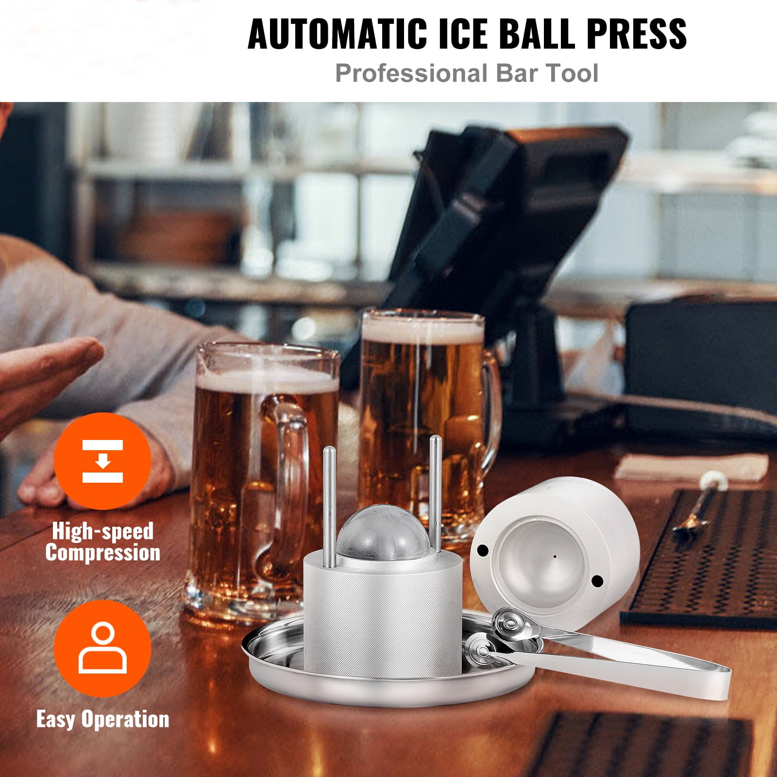 KFFKFF 2.4" Ice Ball Maker, Aluminum Alloy Ice Press Kit for 60mm Spheres, Includes Tongs and Drip Tray, Ideal for Whiskey, Cocktails, Bourbon, and Party Use, Silver