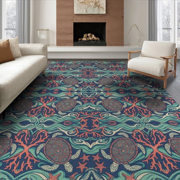 ODIKA 8'x10' Washable Area Rug Underwater Tropical Coral Reef Animal Scene Sea Turtle Ocean Playful Expressive for Living Room, Under Sectional, Family , Durable, Non-Slip