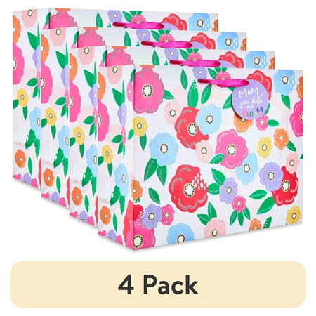 (4 pack) Mother's Day Multicolor Floral Gift Bag by Way To Celebrate, Paper, Iridescent Glitter, Large Vogue Size, Pink, Blue, Green, Bag, Tag, Tissue