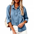 thumbnail image 5 of qelini Denim Button down Shirt Women Plus Size Collar Neck Long Sleeve Tops with Pocket Solid Color Cloth for Fall Winter, 5 of 8