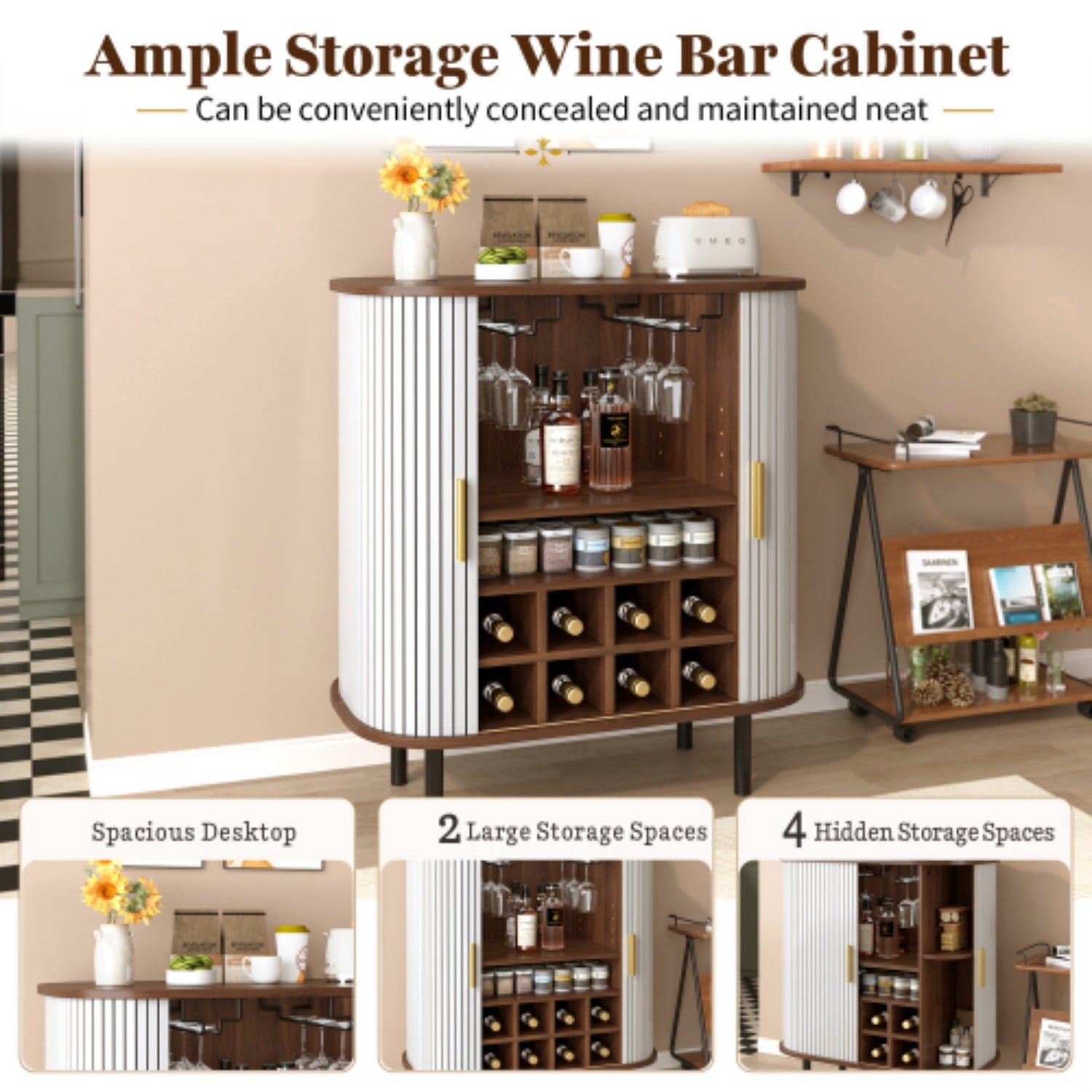 28" Fluted Wine Bar Cabinet, Modern Liquor & Coffee Bar Station with Sliding Tambour Doors, Wine Rack, Glass Holders & Adjustable Shelves, White