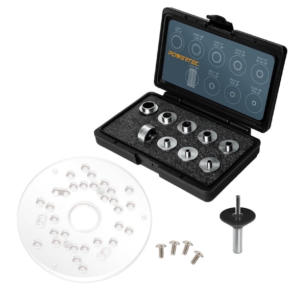 POWERTEC 10pc Router Template Bushing Guides Set 5/16 to 1 inch Fits Porter Cable Router Sub Bases & Dia 5-3/4" Trim Router Base Plate, Centering Pin & Cone, for Precision Woodworking (72148N)