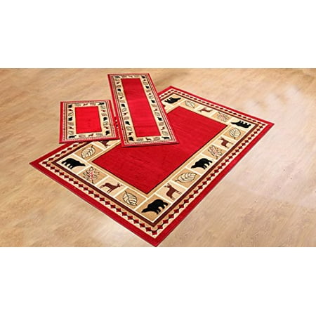 Red Rose Figurine - Wildlife Bear Moose Rustic Lodge Cabin Carpet Red, 5'x7'6