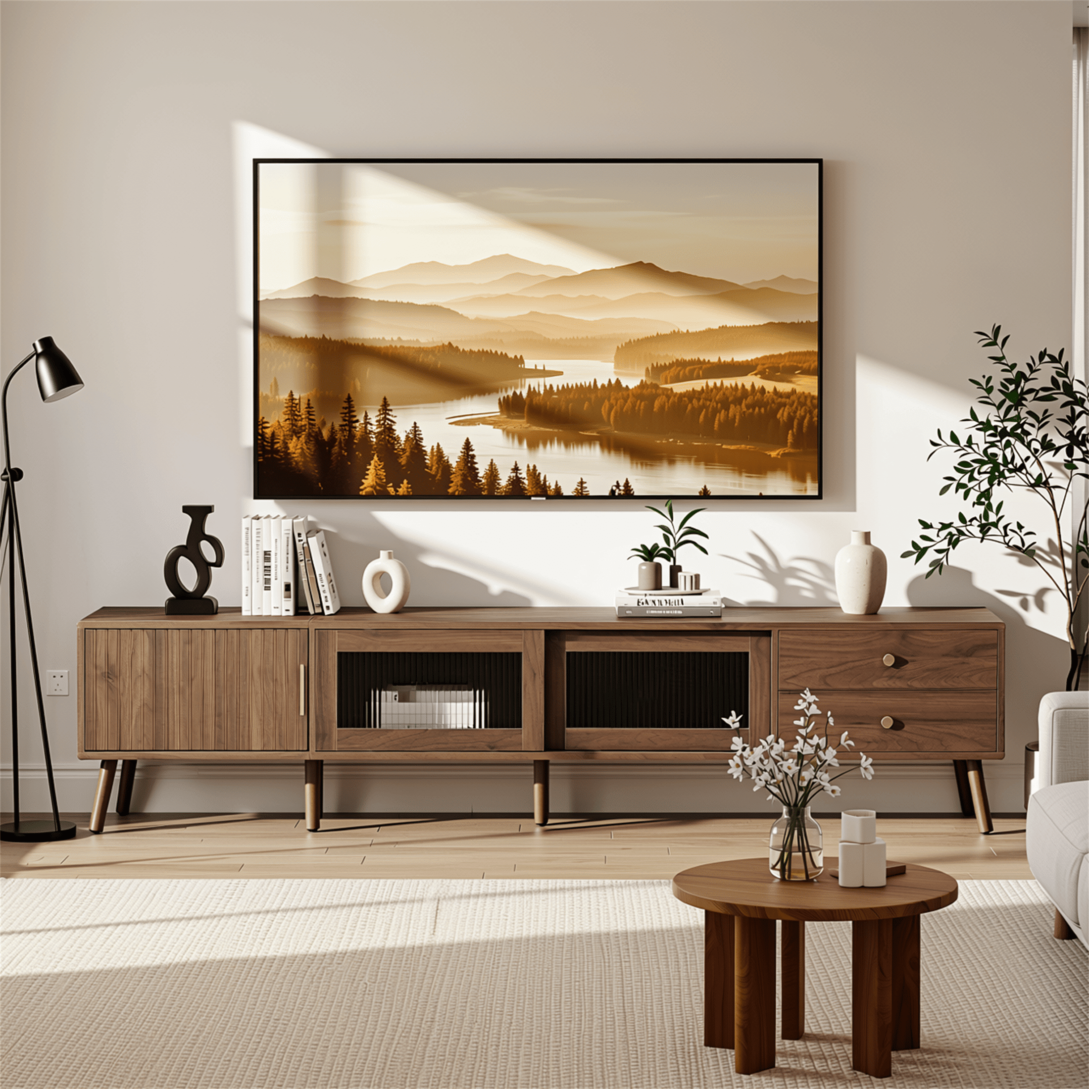 Homy Casa 76.7" Mid-Century Walnut TV Stand for 80" TVs with Sliding Glass Doors and 2 Drawers