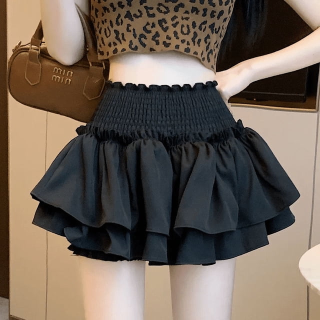 Falda negra con cintura elástica para mujer, falda corta con borde con volantes, estilo minifalda tipo A, con vuelo y media pantorrilla, para primavera y verano