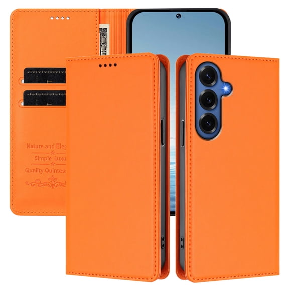 ELEHOLD for Samsung Galaxy S26 PU Leather Wallet Case, Slim Fit Full Body Shockproof Flip Kickstand Drop Protection Cover, Orange