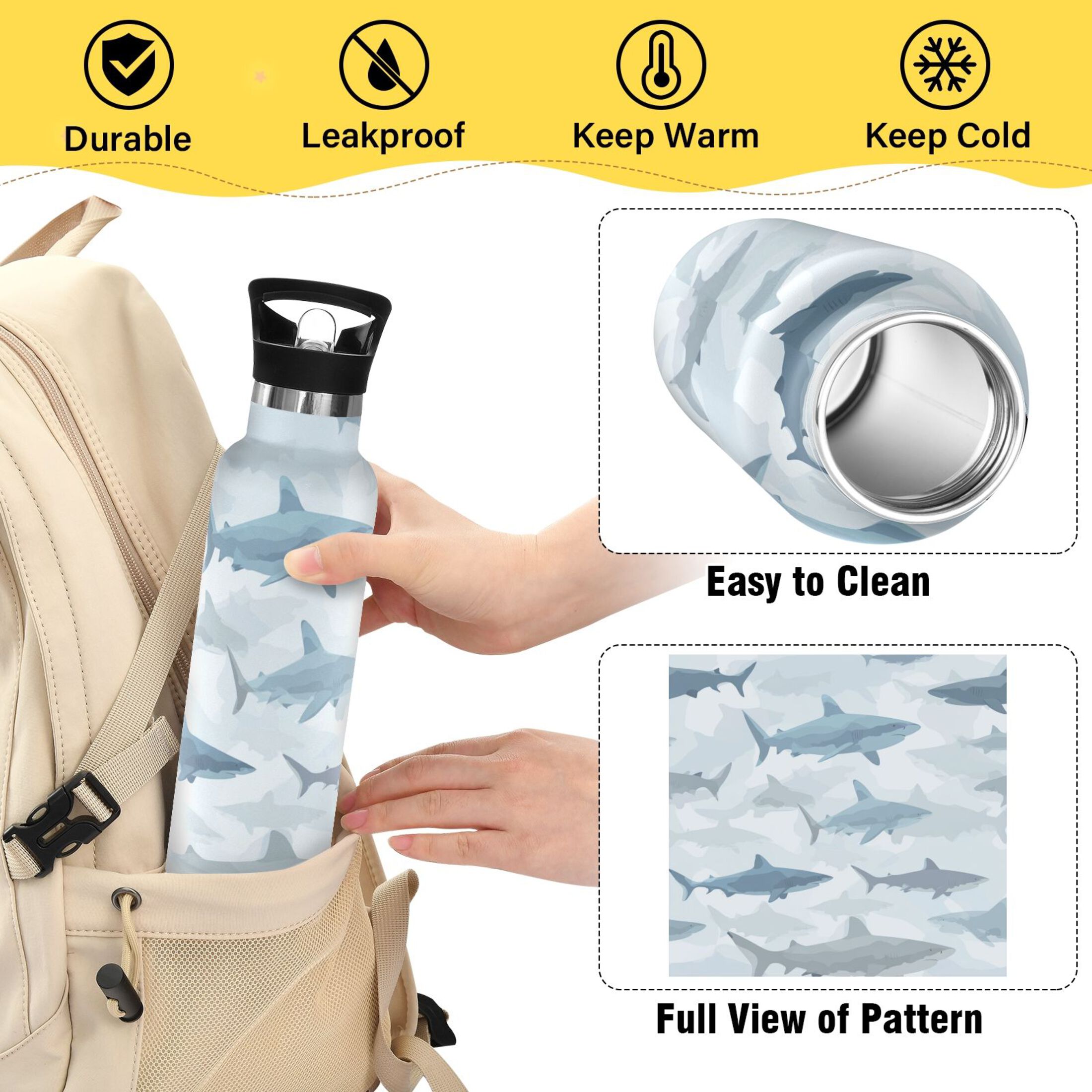 Kids Insulated Stainless Steel Sports Water Bottle 600ml (20oz) Blue and Gray Sharks Pattern