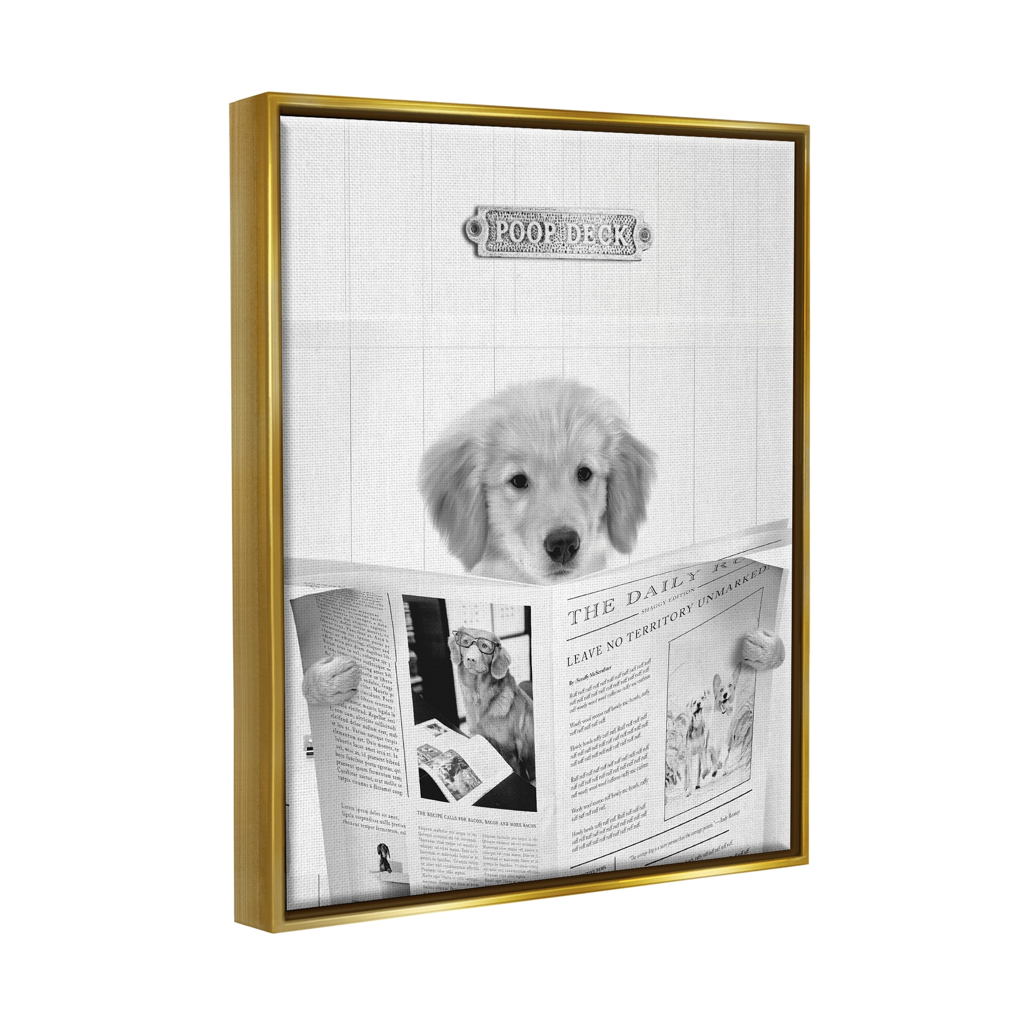 Stupell Industries Poop Deck Bathroom Dog Animals & Insects Painting Gold Floater Framed Canvas Art Print Wall Art, 17 x 21