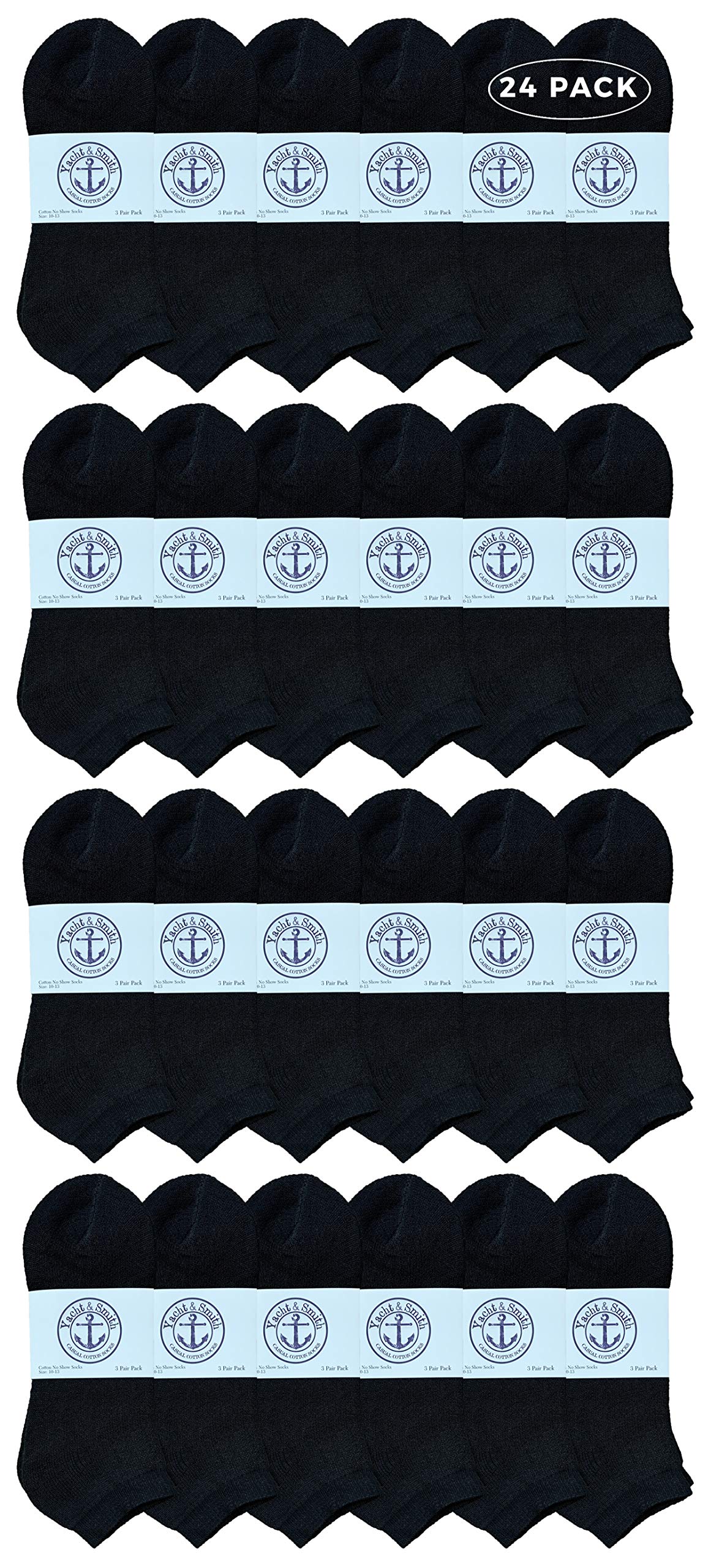 24 Pairs Of Yacht & Smith Mens Wholesale Bulk No Show Ankle Socks, Cotton Sport Athletic Socks - Size 10-13 (Black)