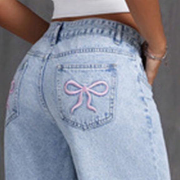Jeans for Kids Girls Long Pants Toddler Girls Baggy Jeans Cute Heart Print Frayed Edge Elastic Waistband Loose Fit Wide Leg Denim Pants