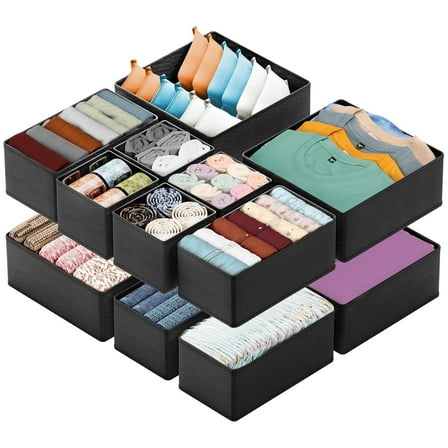 TAIMASI 12 Pack Drawer Organizer Clothes, Dresser Organizer Bins for Nursery, Closet Organization and Storage Dividers for Clothing, Underwears, Socks - Black