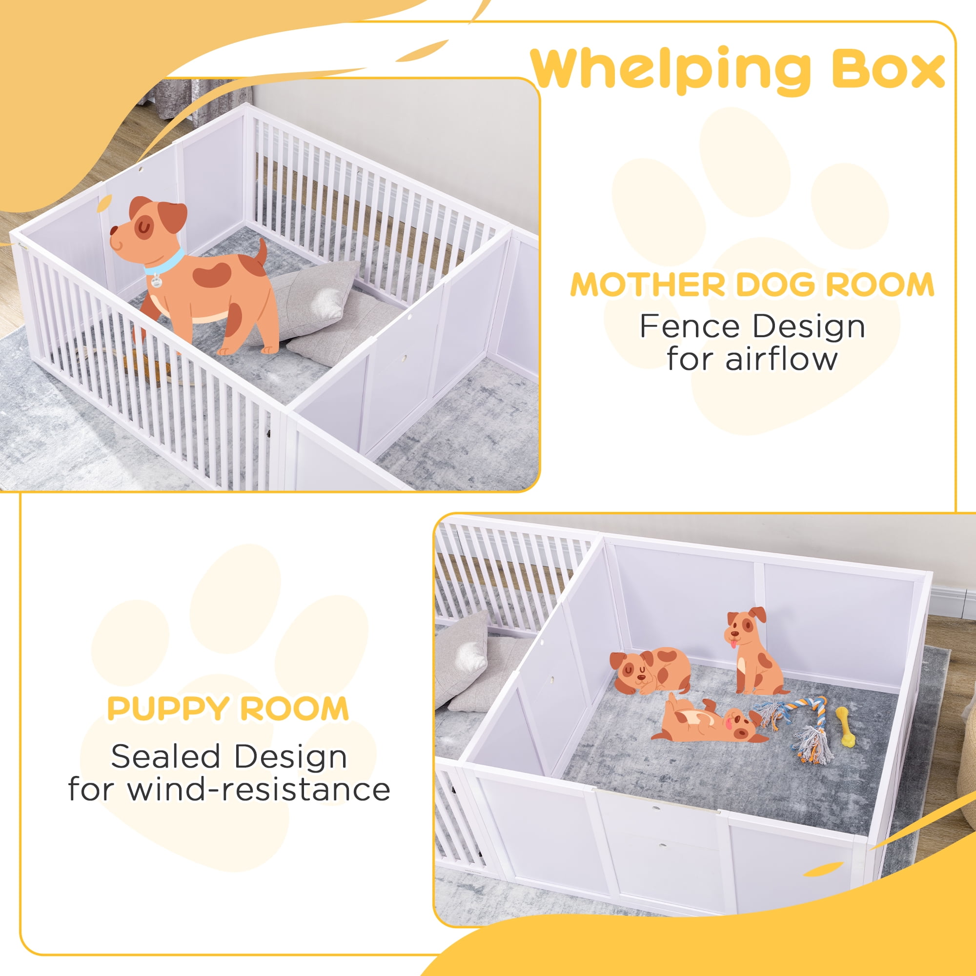 Luxvie Whelping Box for Dogs Built for Mother's Comfort, Dog Whelping Pen with Removable Doors, Puppy Playpen for Indoors, Newborn Puppy Supplies & Essentials, 81" x 39" x 20", White