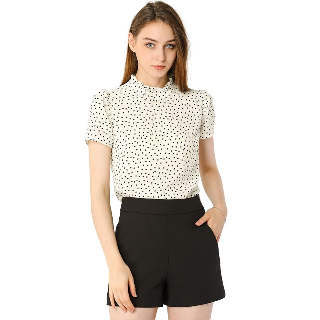 INSPIRE CHIC Blusa Tops De Lunares Volante Fruncido Manga Corta Cuello Alto Para Mujeres Beige S