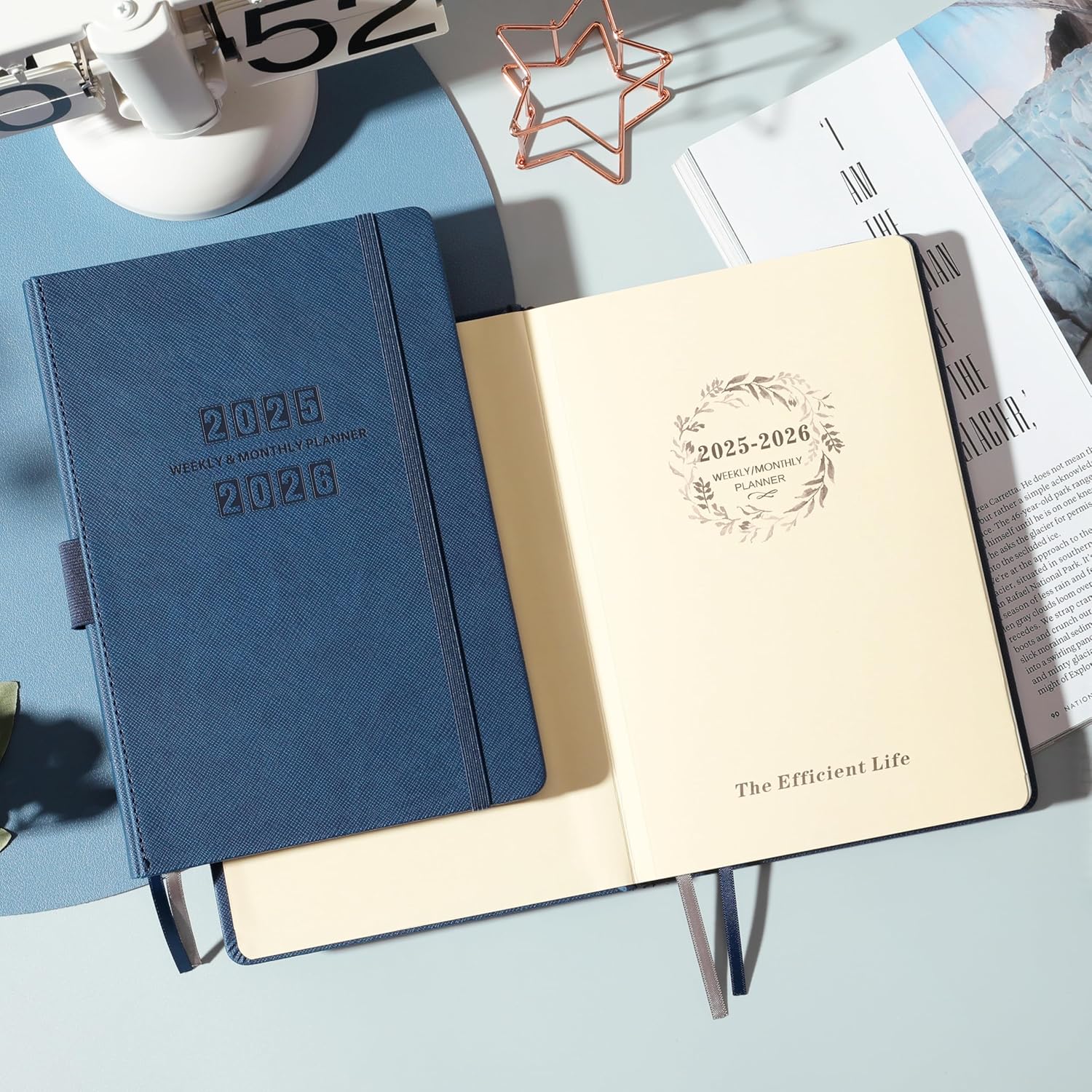 Planner 2025-2026 - Academic Planner 2025-2026, Jul. 2025 - Jun. 2026, 12-Months Weekly and Monthly, 5.75" x 8.25", Saffiano Leather with Thick Paper, Back Pocket with 40 Notes Pages - Navy Blue