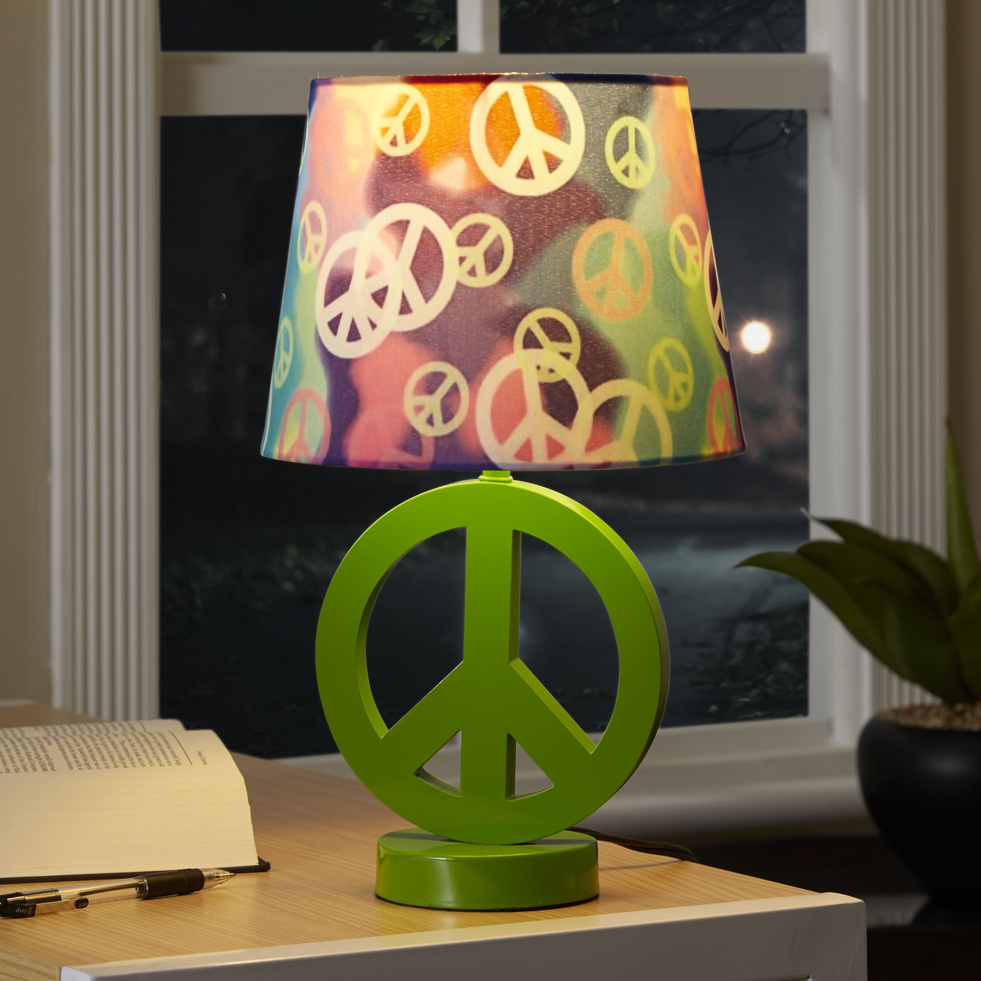 Your Zone Green Peace Sign Table Lamp With Rainbow Shade