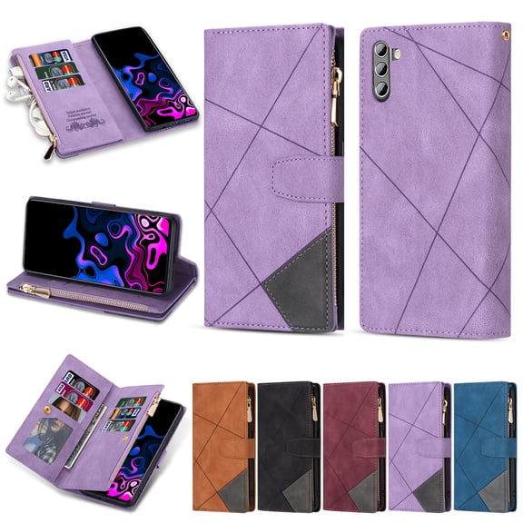 Allytech Galaxy A37 Wallet Case with Zipper Pocket, Premium PU Leather RFID Blocking Slim Fit Cards Slots Shockproof Flip Stand Hand Wrist Phone Case for Samsung Galaxy A37 - Purple