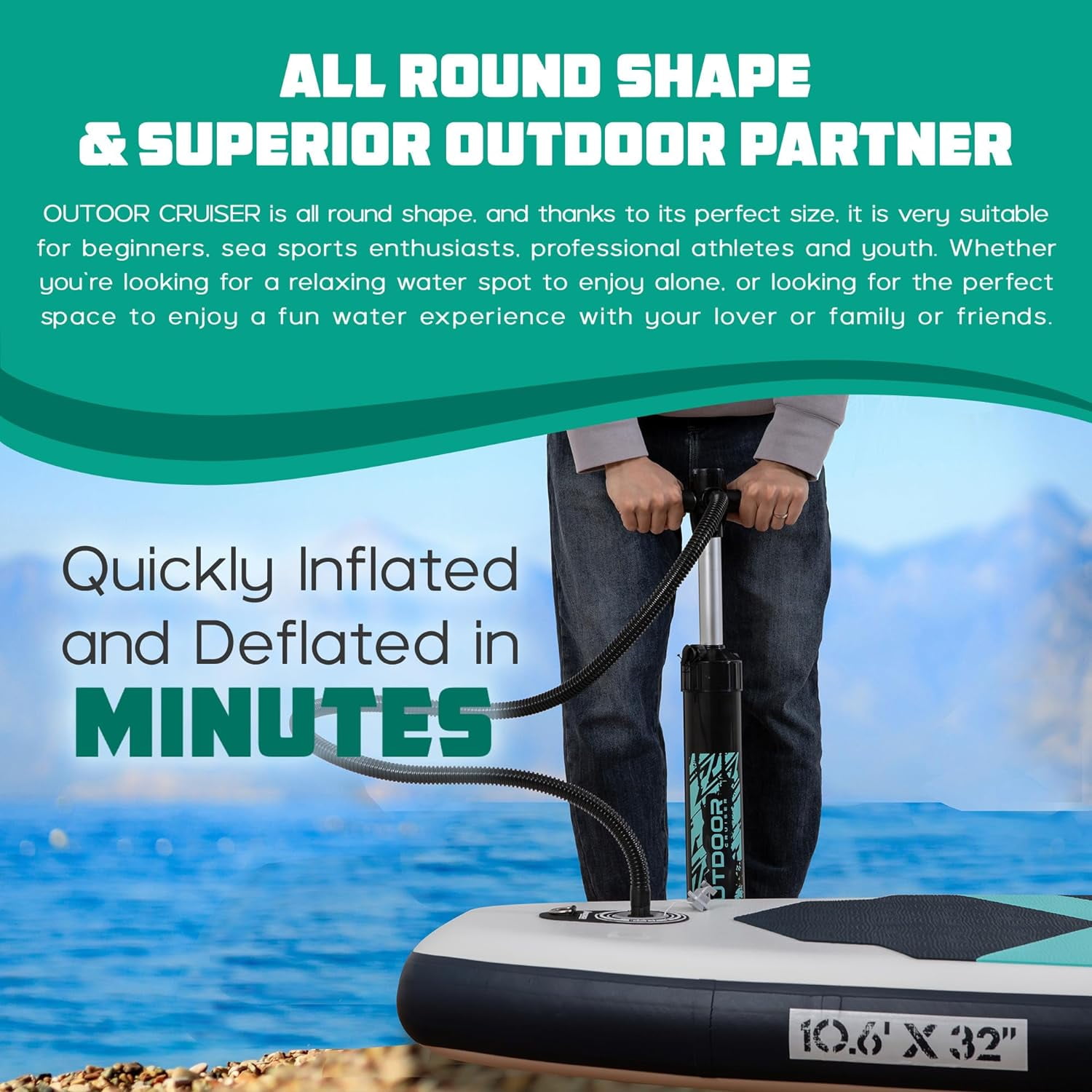 Outdoor Crusier Inflatable Stand Up Paddle Board, Ultra Portable & Lightweight, Wide Stable Non-Slip Design, Complete SUP Accessories, High-Quality Drop-Stitch Material - Caribbean Sea Blue