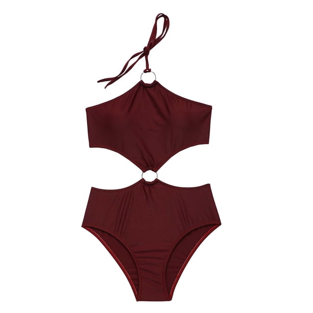 Bikini sexy de una pieza para mujer con almohadilla en el pecho y sin tirantes de cuello halter con aros Fridja nalpqowj24437