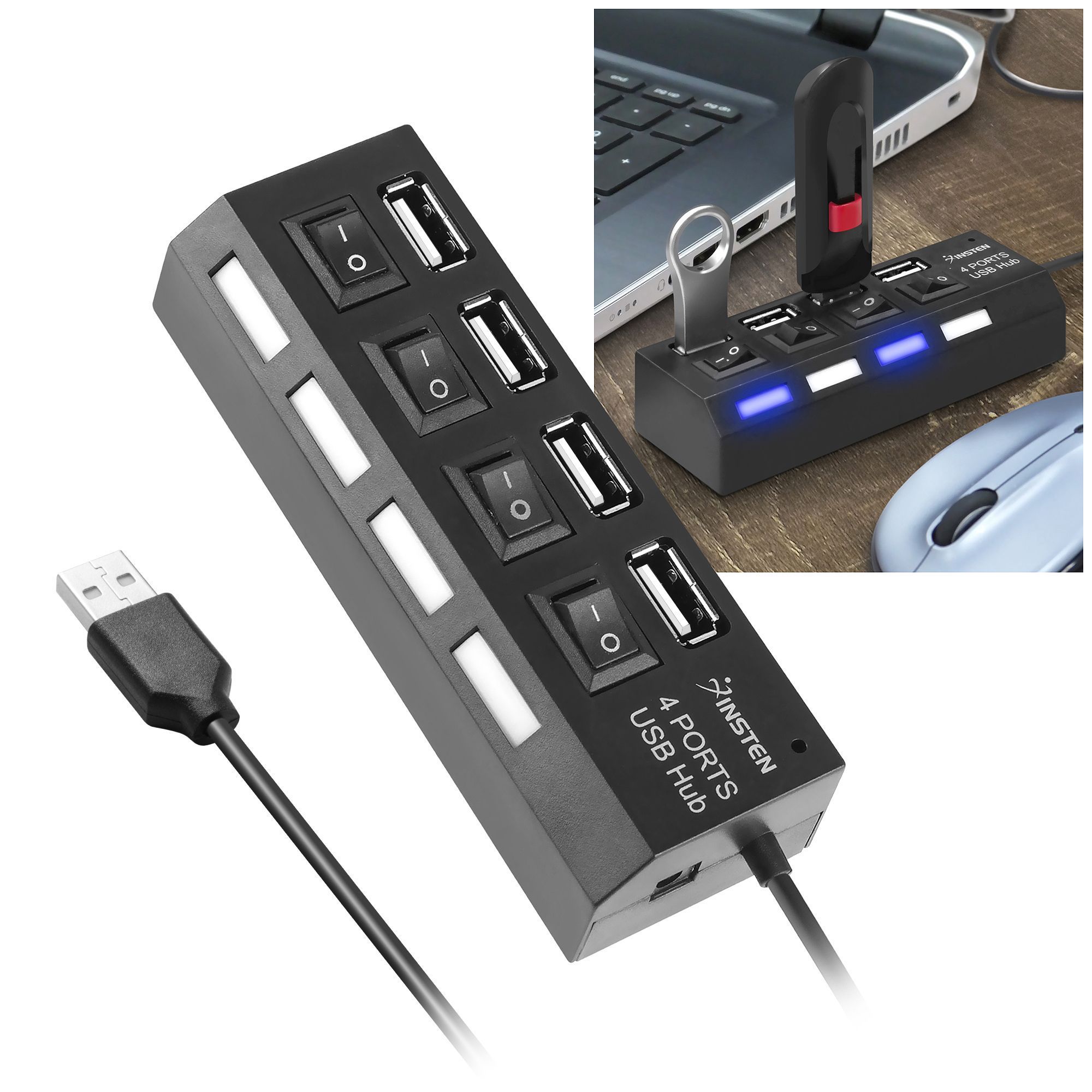Insten 4Port USB 2.0 Hub with Individual On Off Power Switches and