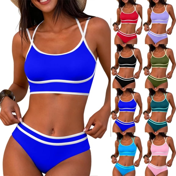 Oksale 2 PC Bikini Sets for Women Casual Scoop Neck Halter Swimsuits Adjustable Strap Bathing Suit Cozy Thong for Beach Light Blue M