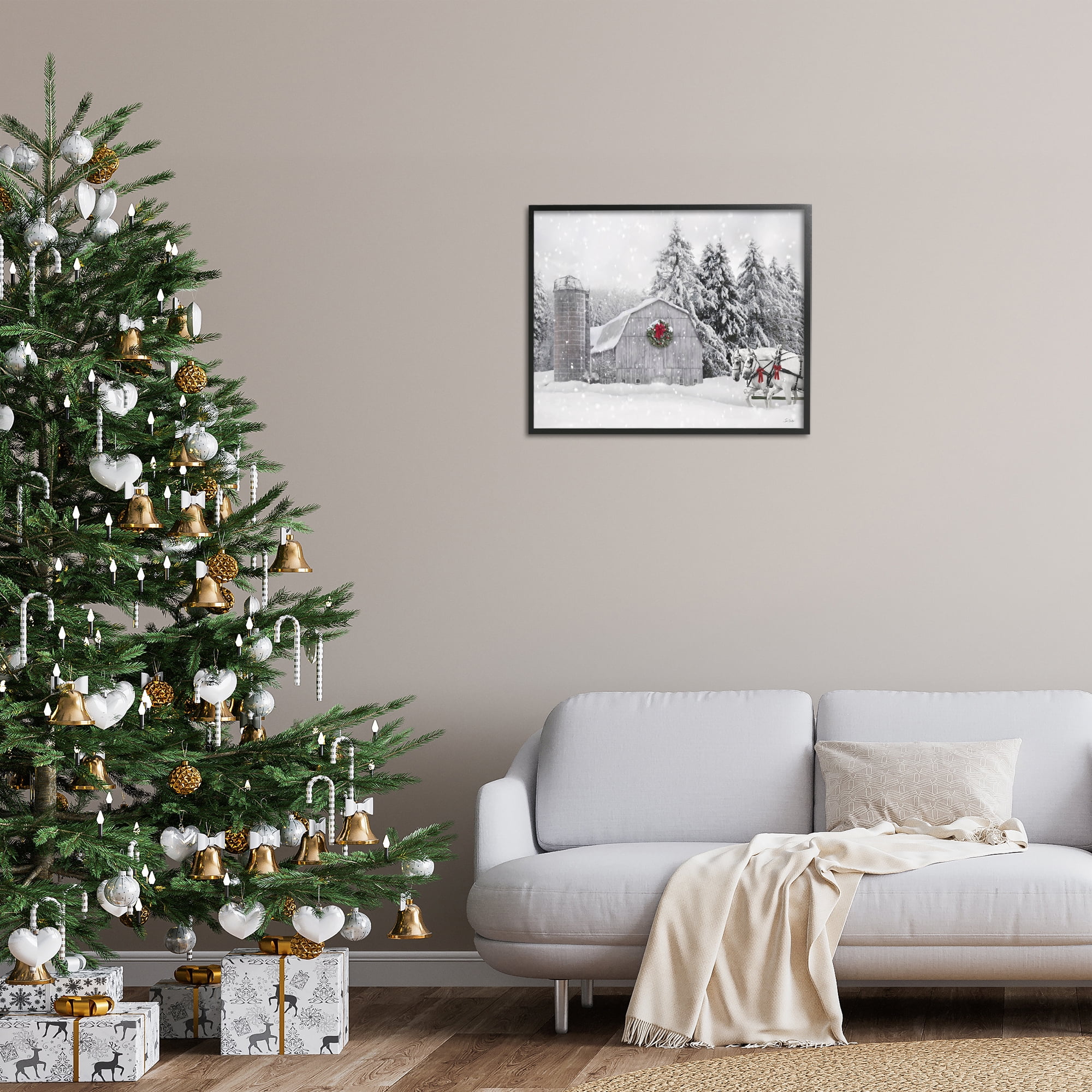 Stupell Industries Snowy Barn & Horses Holiday Painting Black Framed Art Prints Wall Art, 30 x 24
