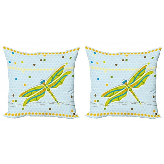 Ambesonne Dragonfly Throw Pillow Cover 2 Pack, Cartoon Theme, 24", Lime Green Pale Blue