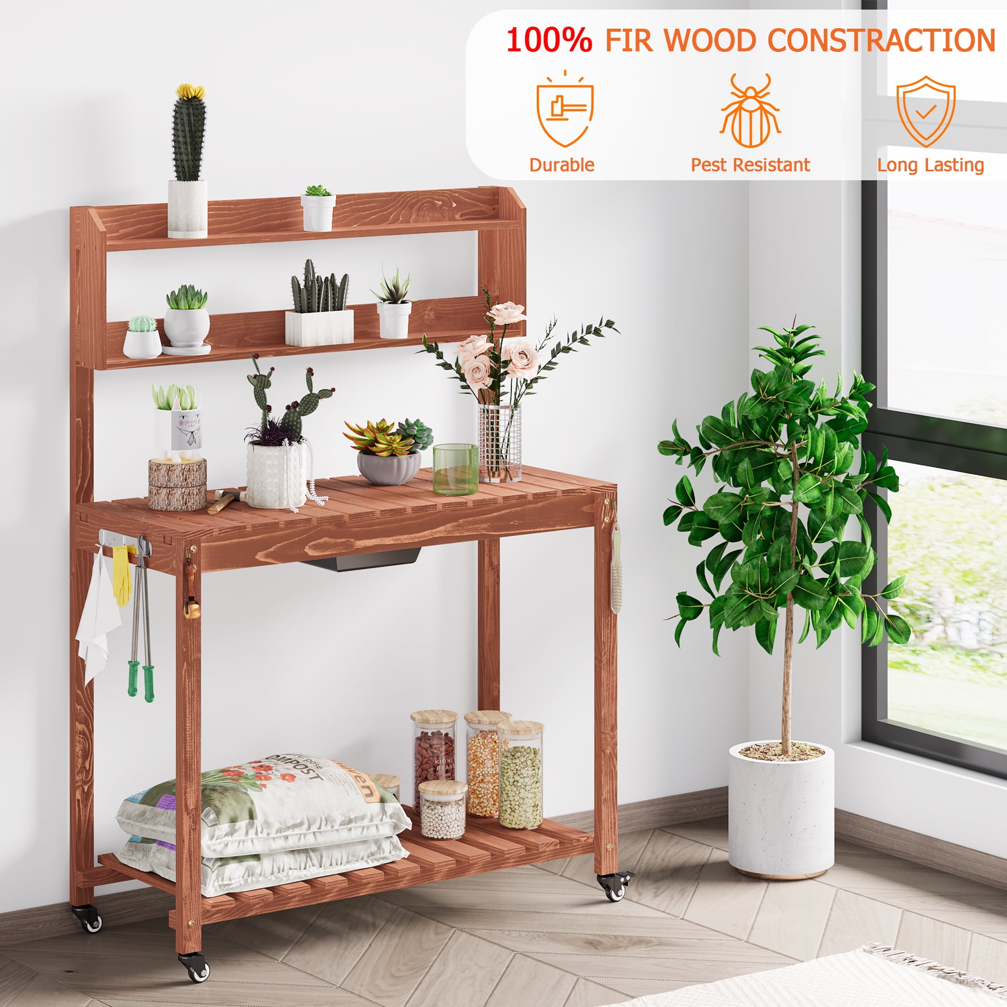 Mobile Potting Bench, Natural Wood Large Garden Outdoor Work Bench w