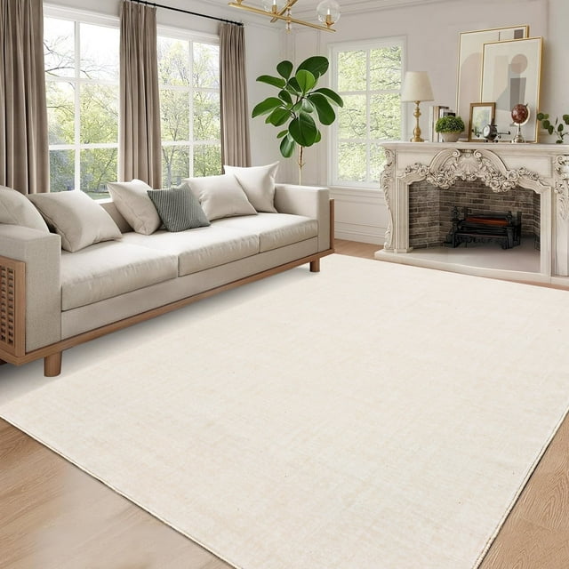 Garvee 9'x12' Solid Area Rugs, Washable Modern Accent Rugs Foldable Printed Indoor Rug Carpet, Stain-Resistant Soft Low Pile Floor Mat for Living Room Bedroom Offices, Beige