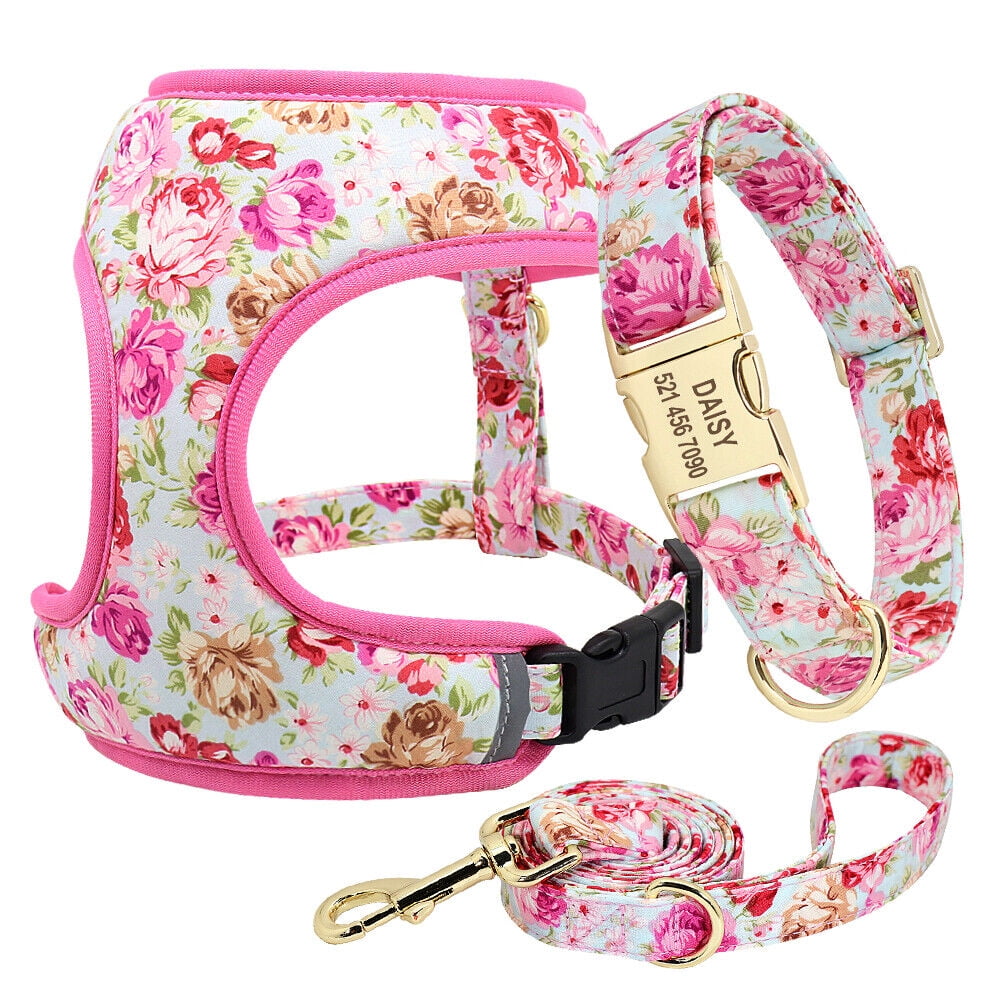 Pet Artist Floral Dog Harness Collar and Leash set With Custom Personalized Metal Buckle ID Nameplate