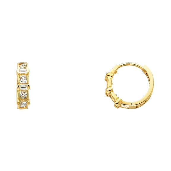 Solid 14k Yellow Gold Princess CZ Huggie Hoop Earrings Huggies Round Baguette Polished Fashion 13 mm