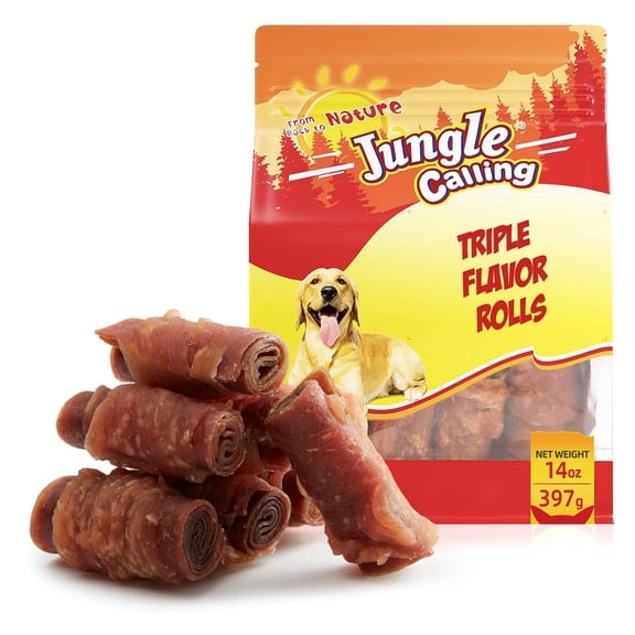 Jungle Calling Triple Flavor Rolls Dog Treats,Real Chicken Duck Beef Meat, Rawhide Free Dog Snacks, 14 OZ