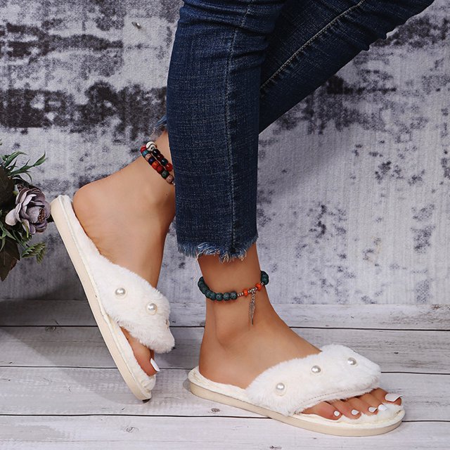 Pantuflas de algodón para damas Zapatos de felpa para exteriores de fondo plano con perla de felpa cálida para interiores Wmkox8yii hj789
