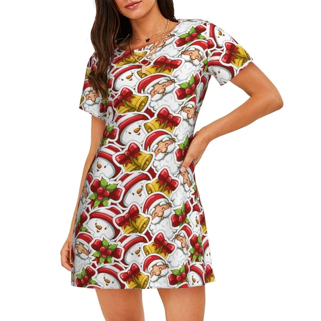 Fotbe Santa Claus bells Snowman Bata de Dormir para Mujer con Estampado, Camisón de Algodón de Manga Corta, Ropa de Dormir Casual