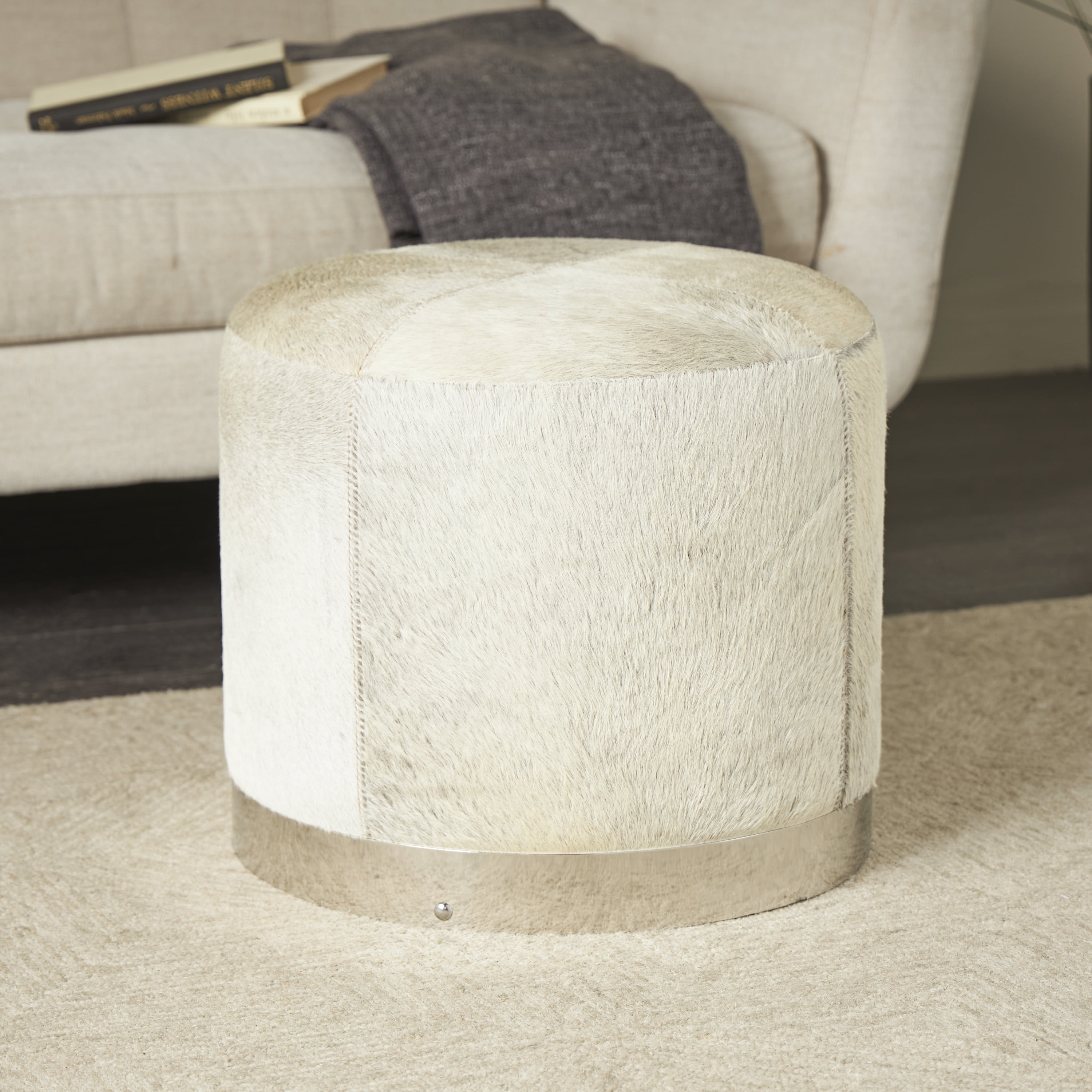 DecMode Leather Patchwork Stool with Silver Metal Base, Gray