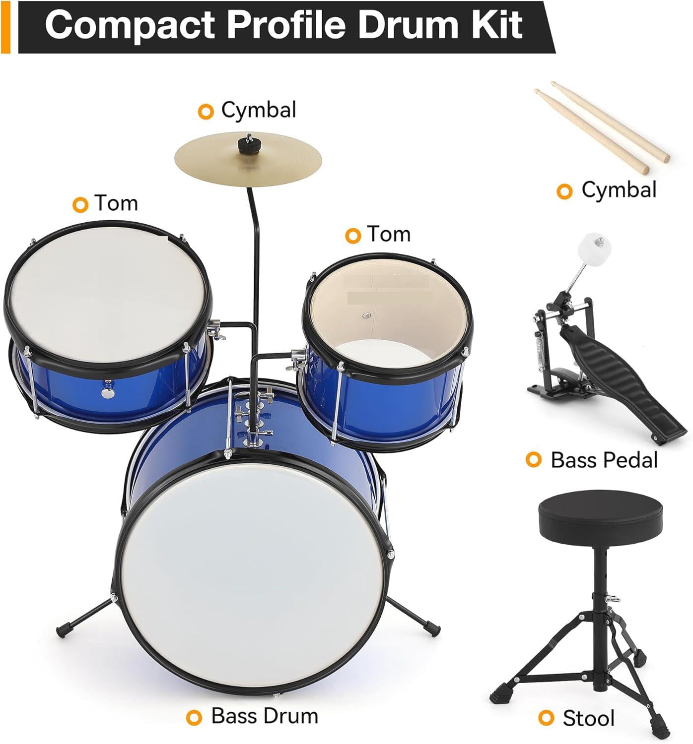 Huisuilinss 3 Piece Kids Drum Set with Cymbal, Beginner Junior Drum Sets with 14.76'' Bass Drum, Tom, Pedal, Drumsticks, Adjustable Seat, Drumset for Junior Boys and Girls