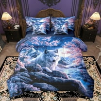 Homewish Magical Wolf Wildlife Bedding Comforter Set 7pcs for Teens, Japanese Cherry Blossoms King Bedding Sets, Tokyo Style Reversible Bed Sheets, Ultra Soft Bedroom Decor