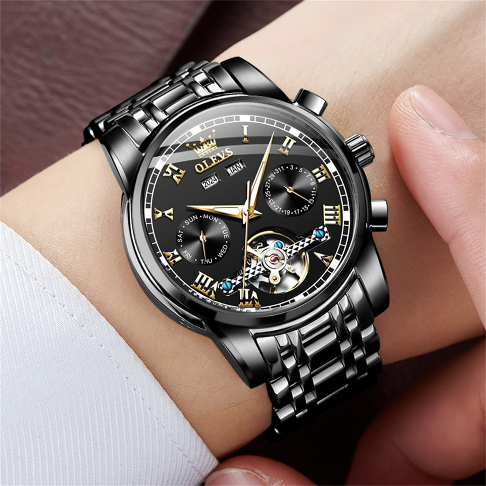 OLEVS Automatic Watches for Mens Self-Winding Mechanical Chronograph Classic Fashion Business Tourbillon Skeleton Stainless Steel Waterproof Luminous Mens Wrist Watches Reloj Para Hombre