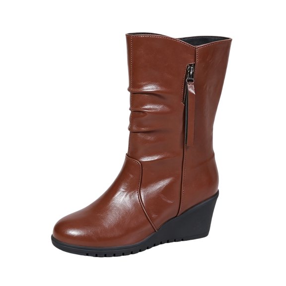 EKVAHL Women's Mid Calf Wedge Boots, Side Zipper Slouchy Dress Boots, Round Toe Platform Walking Winter Outdoor Boots Brown