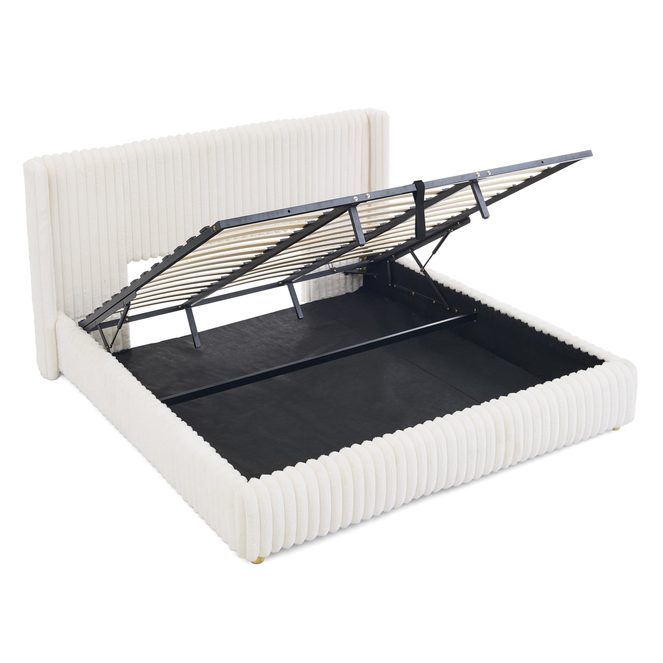 Noble House Renton King Size Platform Bed, Fluffy Faux Rabbit Fur Fabric Bed with Under-Bed Storage System, Beige